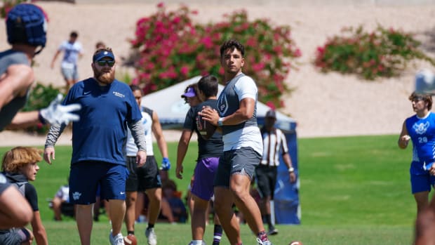 Pinnacle quarterback Dylan Raiola competes with the Pinnacle Pioneers at the Gotta Believe Athletic Club's 7 on 7 football tournament at the Scottsdale Sports Complex on May 27, 2023, in Scottsdale.